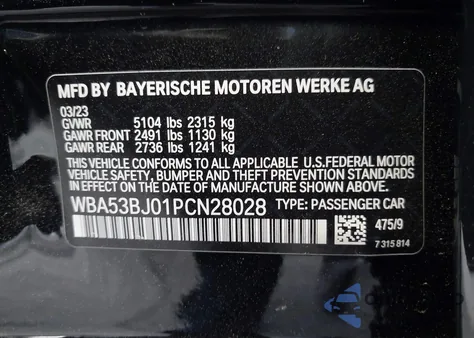 2023 BMW 540 I из США, поврежденный, VIN WBA53BJ01PCN28028